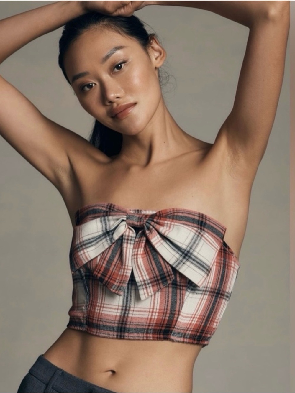 Anthropologie Plaid Bow Crop Top / bandeau top - red & White plaid